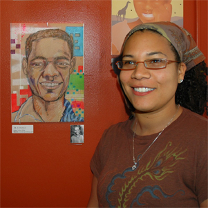 Cathy White with her artwork in (no name) Art Group "Memory Portraits 2007", creating portraits for foster children in Uganda, Africa